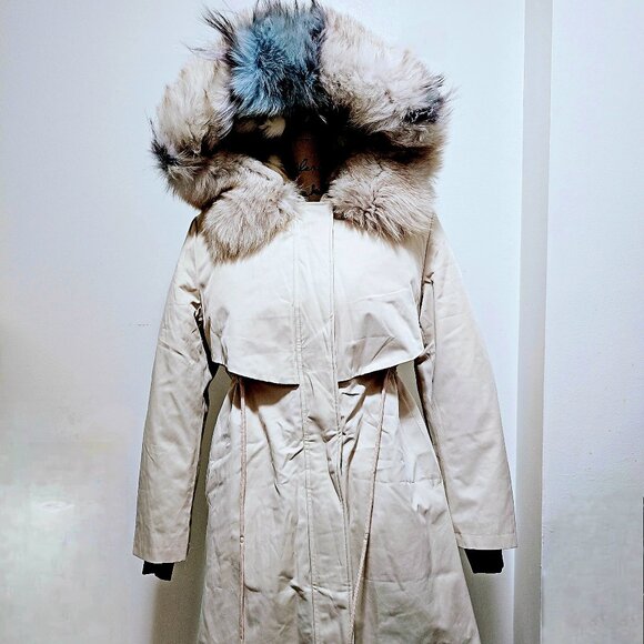 New Real Blue Silver Fox Fur-Lined Parka Coat Jacket Hood White No Mink Raccoon - Picture 2 of 7